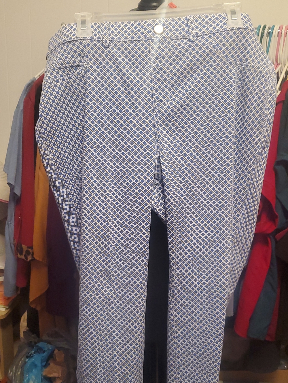 Rafaella White and Blue Geometric Straight-Leg Pants